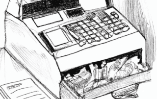 POS cash drawer best practices illustration - Modern point-of-sale setup with cash drawer open and closed, showcasing secure transaction management