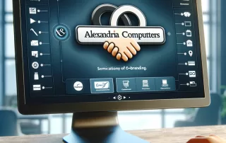 Co-branded POS software interface showing Alexandria Computers and vendor branding