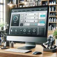 Interactive Salon Management Software dashboard on a computer screen, showing scheduling and inventory features.