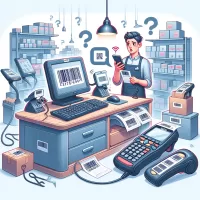 Retail worker troubleshooting a barcode scanner issue at a POS system in a store.