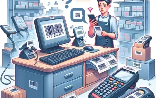Retail worker troubleshooting a barcode scanner issue at a POS system in a store.