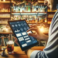 Bar manager using Bar Software on a tablet to manage drink orders and inventory in a bustling bar environment.
