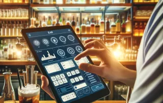 Bar manager using Bar Software on a tablet to manage drink orders and inventory in a bustling bar environment.