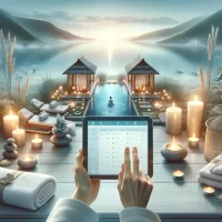 Spa manager optimizing spa schedule using Spa Software on a digital device amidst a serene spa setting.