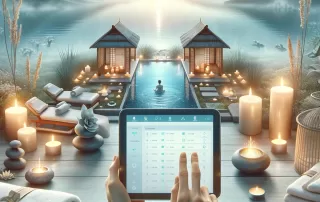 Spa manager optimizing spa schedule using Spa Software on a digital device amidst a serene spa setting.