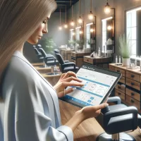 Salon professional scheduling an appointment using Salon Booking Software on a tablet, showcasing efficiency and technology in salon management.