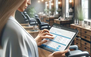 Salon professional scheduling an appointment using Salon Booking Software on a tablet, showcasing efficiency and technology in salon management.