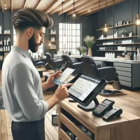 Salon owner using Salon POS Software on a tablet, showcasing efficient scheduling and client management.