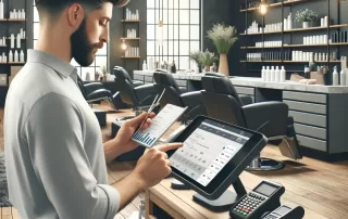 Salon owner using Salon POS Software on a tablet, showcasing efficient scheduling and client management.