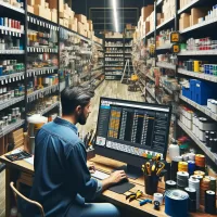 Hardware store owner using specialized software on a computer to manage inventory and sales.