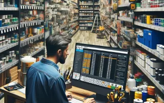 Hardware store owner using specialized software on a computer to manage inventory and sales.