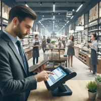 Retail manager using Retail POS system at checkout in a busy store.