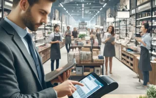 Retail manager using Retail POS system at checkout in a busy store.