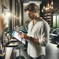 Salon owner using Salon Scheduling Software on a tablet to manage bookings.
