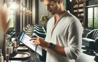 Salon owner using Salon Scheduling Software on a tablet to manage bookings.