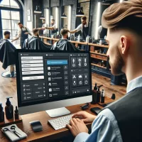 Barber using software in a barbershop to manage appointments and inventory