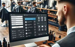 Barber using software in a barbershop to manage appointments and inventory