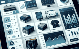 Clothing store software dashboard showing inventory management and sales analytics.