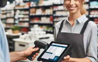 Retail staff using a POS system to assist a customer.