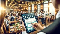 Restaurant management software interface on a tablet in a busy restaurant.