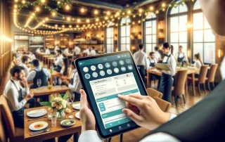 Restaurant management software interface on a tablet in a busy restaurant.