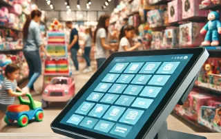 Interactive POS system displayed in a busy toy store