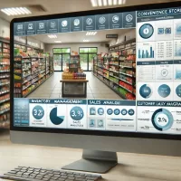 Convenience store software interface displaying inventory management and sales analytics