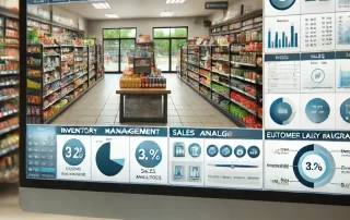 Convenience store software interface displaying inventory management and sales analytics