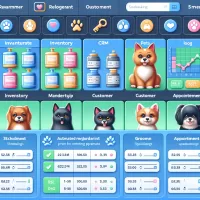 Pet store software dashboard showing inventory management and CRM features.