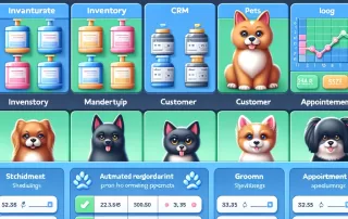 Pet store software dashboard showing inventory management and CRM features.