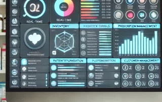 Pharmacy software dashboard showing inventory and prescription management features