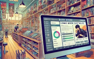 User-friendly Comic Book Store Software interface showing inventory and customer management features.