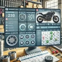 Motorcycle shop software interface showing inventory management and service scheduling features.