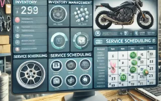 Motorcycle shop software interface showing inventory management and service scheduling features.