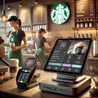 Starbucks POS system powered by Oracle Micros with integrated mobile app and customer loyalty features.