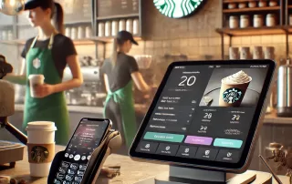 Starbucks POS system powered by Oracle Micros with integrated mobile app and customer loyalty features.