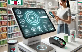 7-Eleven POS Software system showing real-time inventory and mobile payment capabilities.