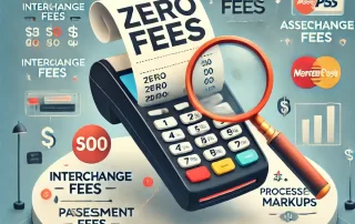 Illustration explaining the hidden costs behind zero-fee POS systems and credit card processing fees.