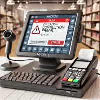 A Micros POS terminal displaying a common error message with troubleshooting solutions in focus.