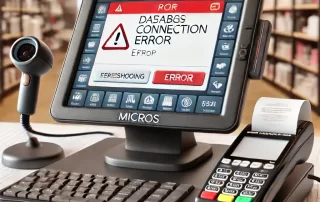 A Micros POS terminal displaying a common error message with troubleshooting solutions in focus.