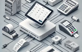 Clover POS hardware setup guide with receipt printer, barcode scanner, and cash drawer.
