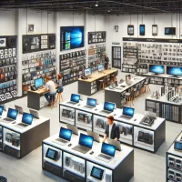 A well-organized computer store with inventory, checkout counters, and a POS system.