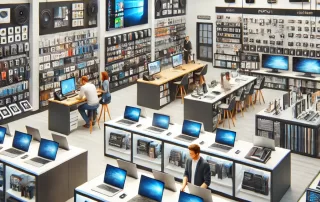 A well-organized computer store with inventory, checkout counters, and a POS system.