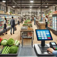 A well-stocked grocery store with customers shopping and a POS system at checkout.