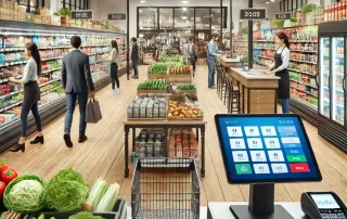 A well-stocked grocery store with customers shopping and a POS system at checkout.