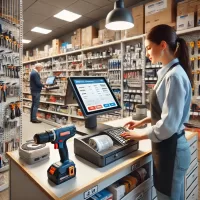Hardware store checkout counter with a modern POS system in use