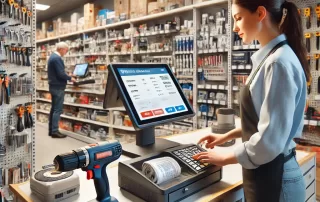 Hardware store checkout counter with a modern POS system in use