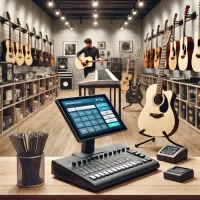 A well-organized music store with guitars, keyboards, and a modern POS software system.