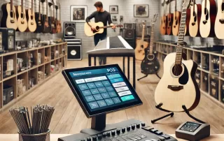 A well-organized music store with guitars, keyboards, and a modern POS software system.