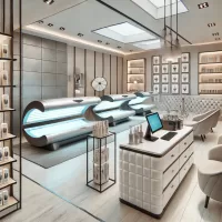 A fully equipped tanning salon with modern tanning beds and a reception area.